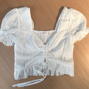 White Eyelet Puff Sleeve Cropped Blouse